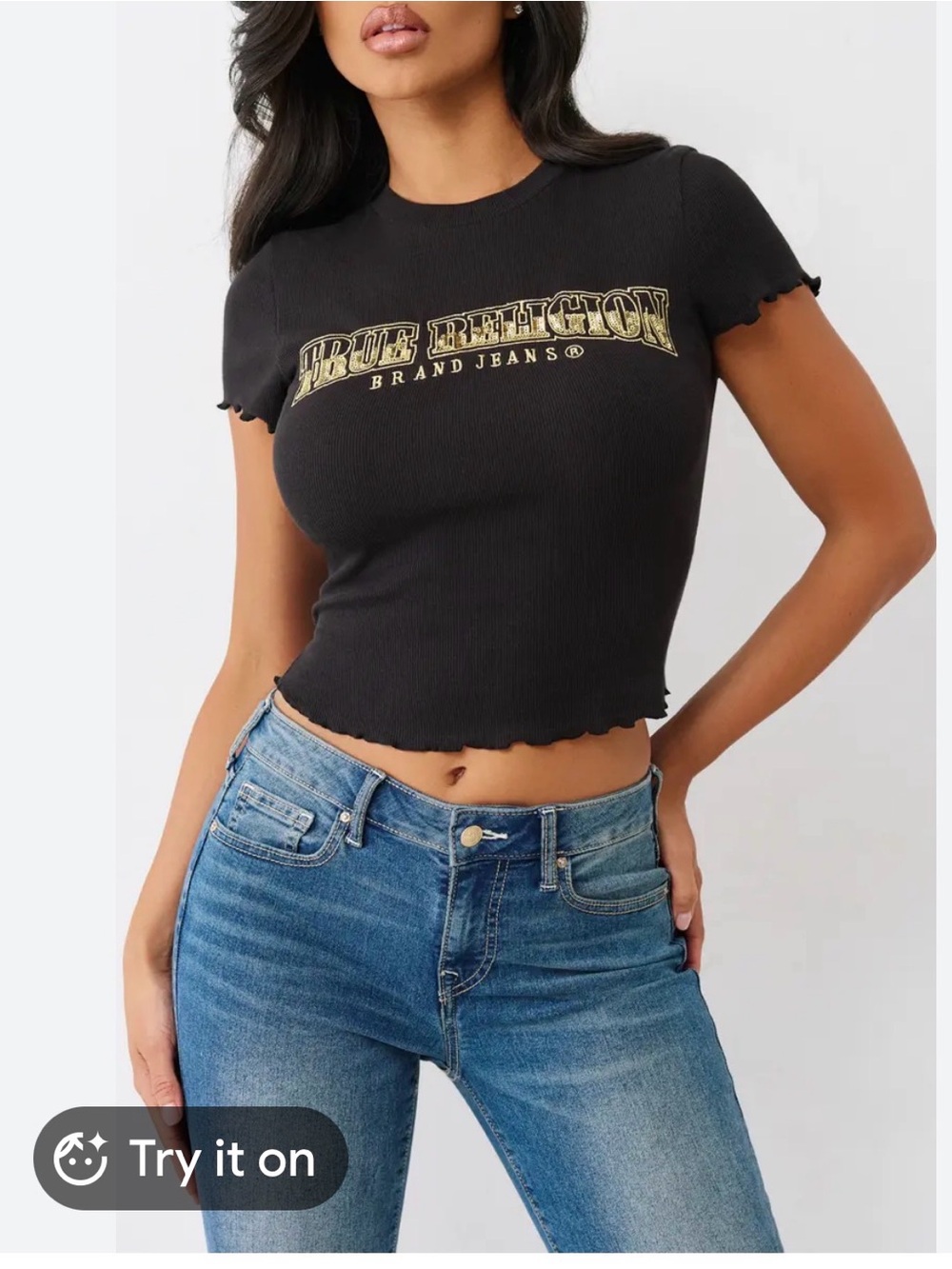 True Religion Black Ribbed Crop Tee with Gold Logo